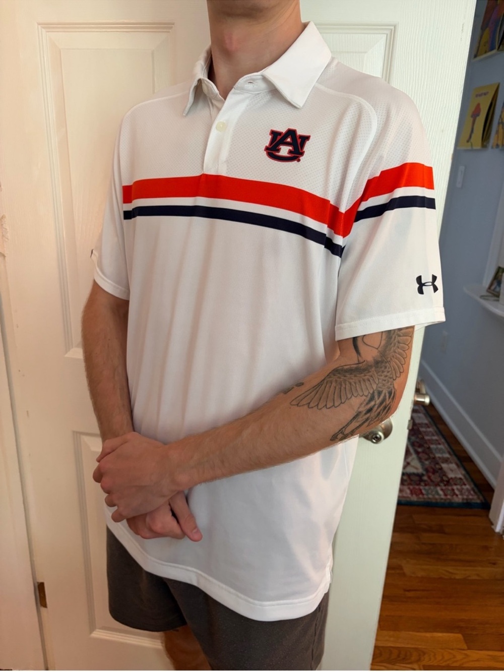 Auburn Tigers Under Armour White Polo with Orange and Navy Stripes